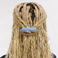 Hair barrette with printed horses worn on blonde braids.