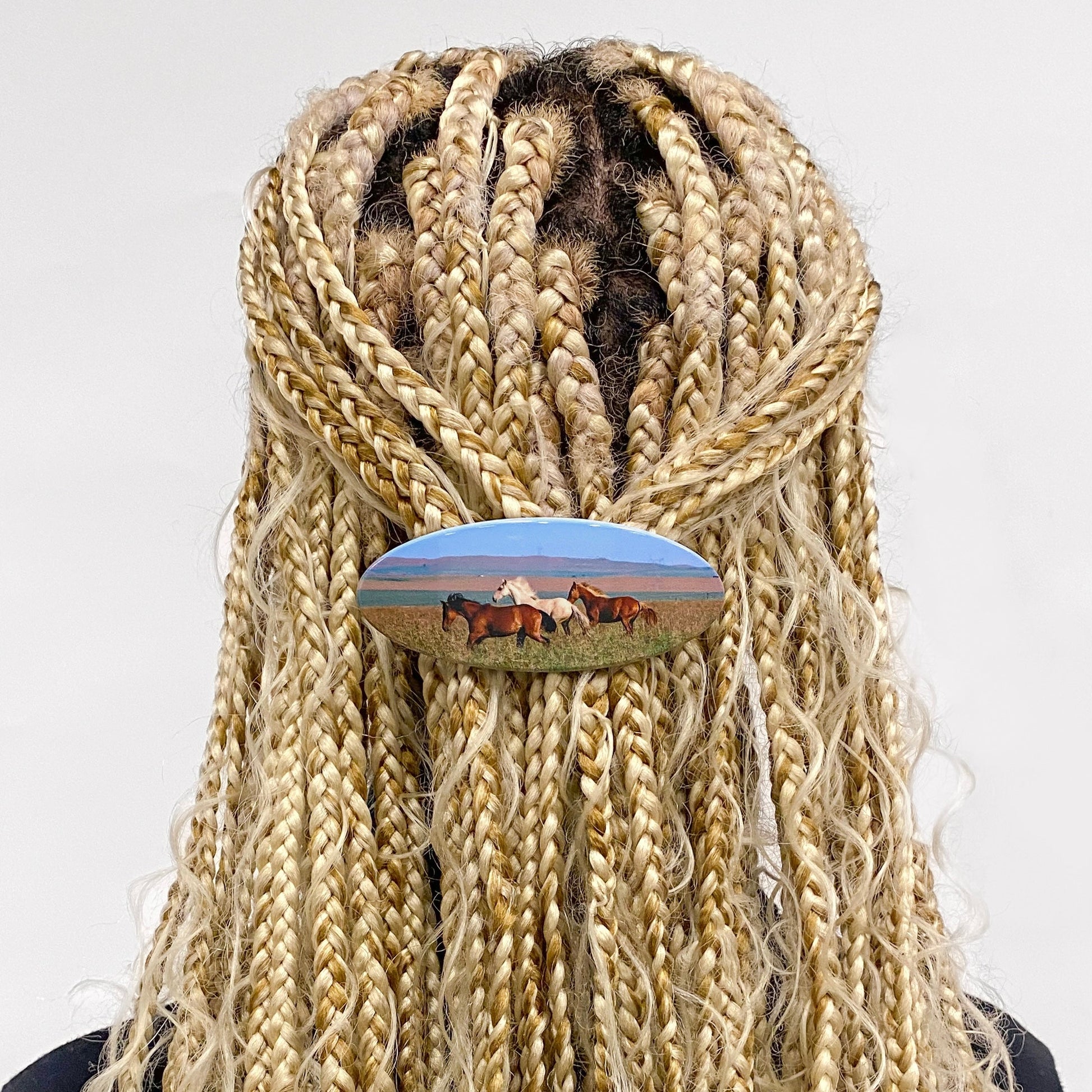Hair barrette with printed horses worn on blonde braids.
