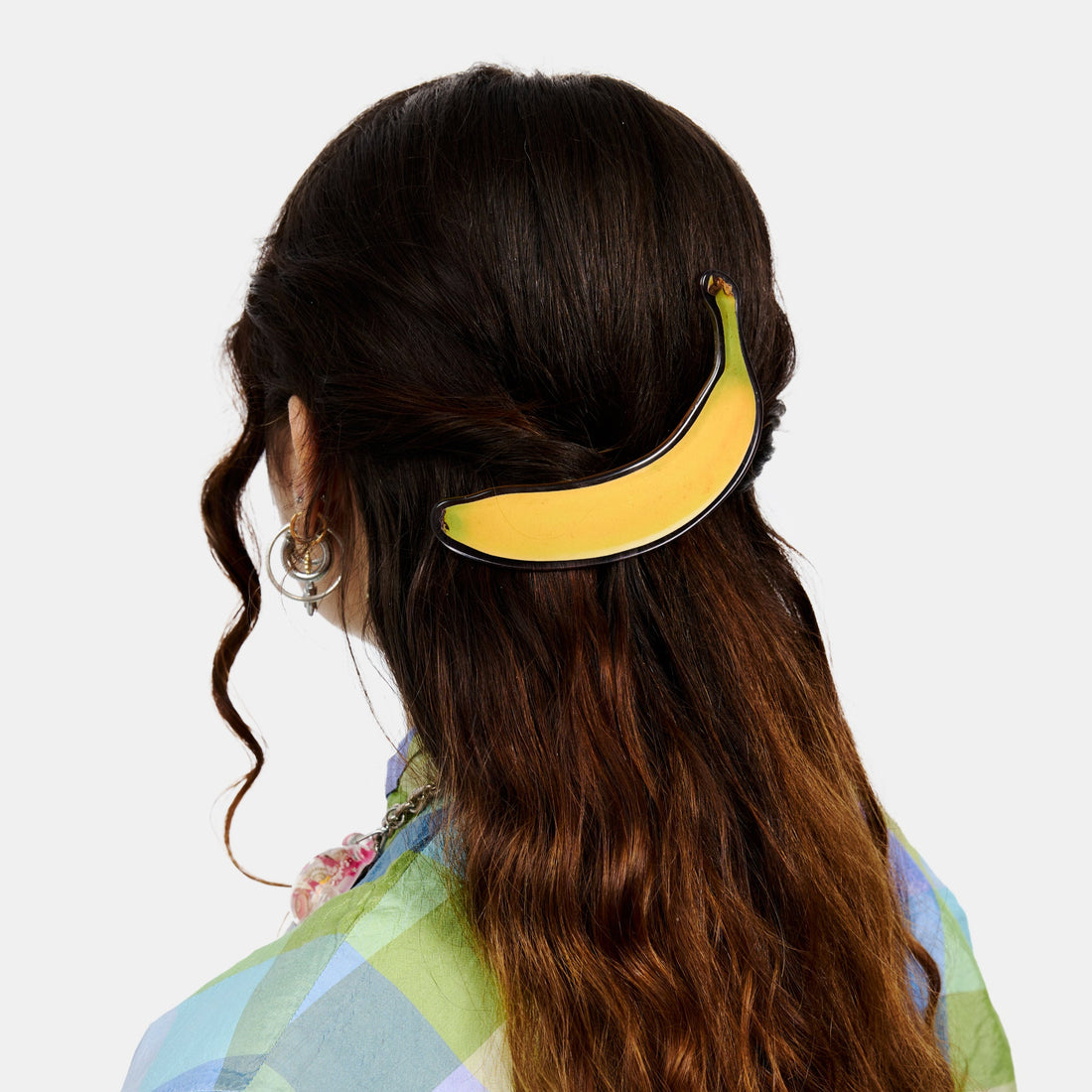 Hair Barrette with printed banana design on a white background.