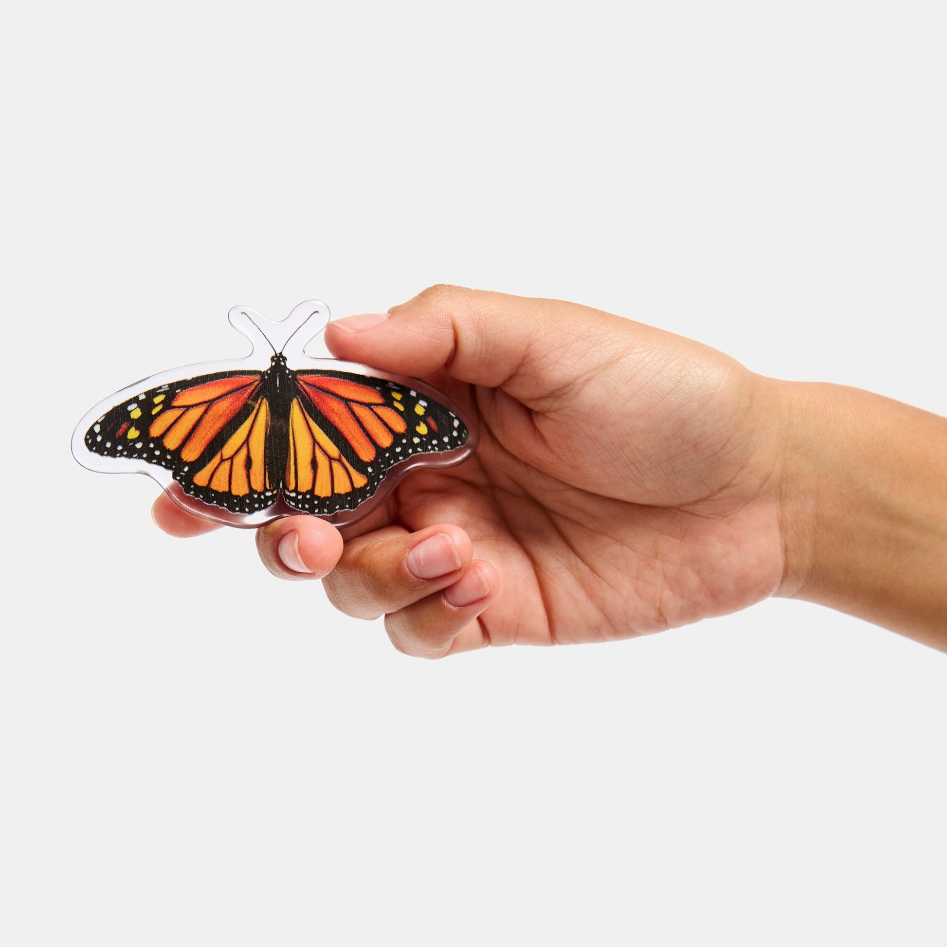 Hand holding a hair clasp with black and orange butterfly print design.